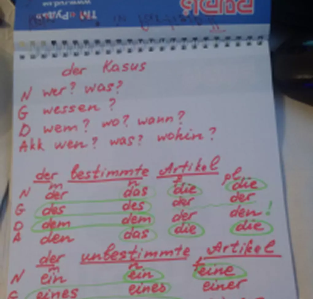 Handschriftliche Notizen und Übungen zum Deutschlernen