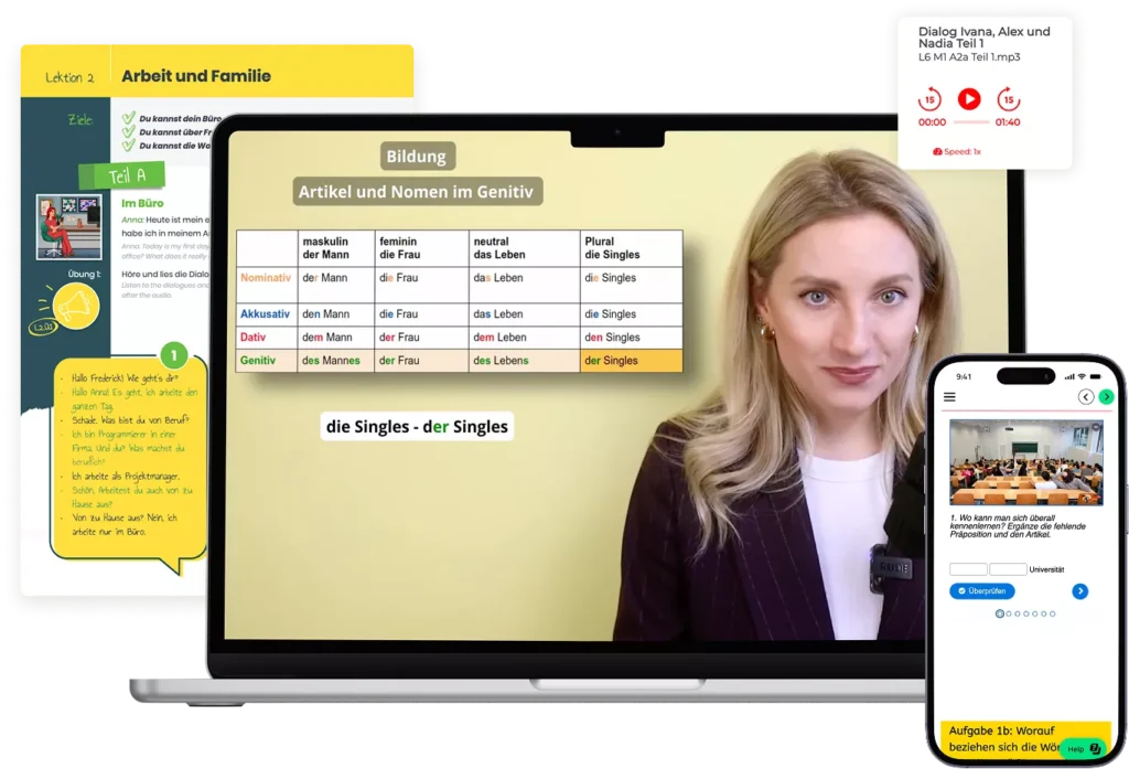 Deutschkurs mit Videolektionen und interaktiven Übungen auf Tablet und Smartphone
