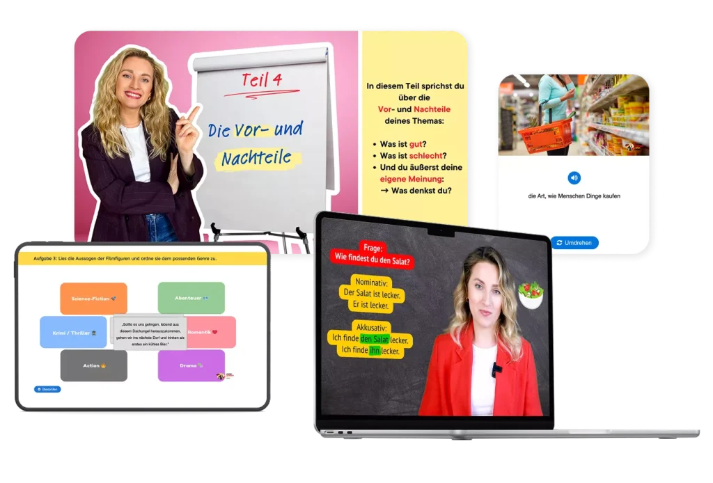 Einblicke in die Deutschkurse: Videolektionen, Wortschatzkarten und interaktive Aufgaben